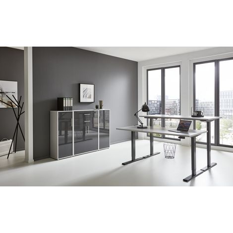 BMG Möbel Büromöbel-Set, e-Office Edition Set 16, Schreibtisch höhenverstellbar, 138 cm, grau/ anthrazit hochglanz
