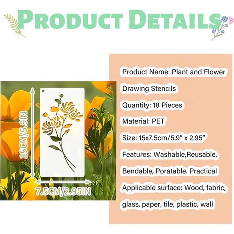 18 piezas，Plantillas para pintar flores，Plantillas de 6x3 pulgadas con diseños de plantas y flores，Plantillas reutilizables (1/4)