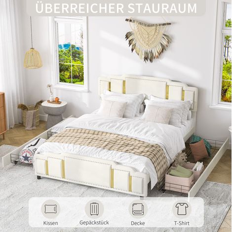 Cama doble 160x200 con cajones LED tapizada beige OKMYHOME (1/5)