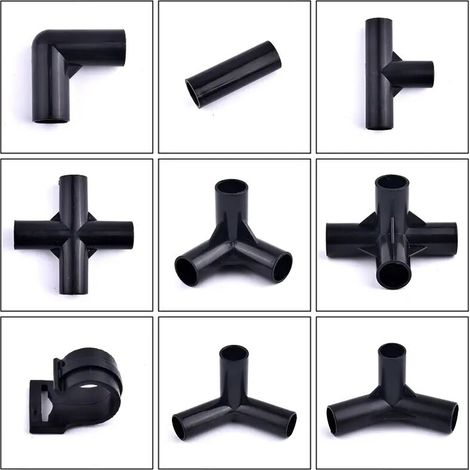 (Trois voies, noir, diamètre intérieur 8 mm) 5 raccords de tuyau noirs pour bricolage, étagères et tentes, fixations, té en plastique ABS, coude à quatre voies, joint droit