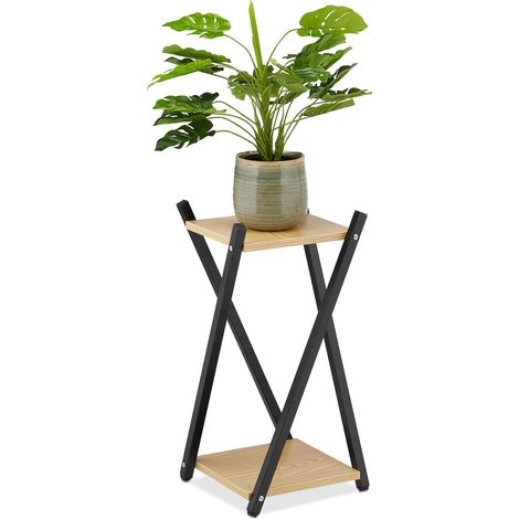 Relaxdays Soporte Macetas, 2 Baldas Efecto Madera, Metal, Taburete Plantas Moderno, 57 x 29 x 29 cm, Negro/Marrón Claro