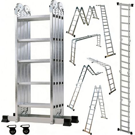 Scala multiuso 4x5, scala pieghevole in alluminio 7 in 1 con 2 ruote, scala multiuso per uso domestico a 20 gradini, portata massima 150 kg, (4 5)