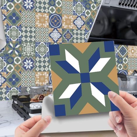 Carrelage Adhésif 15x15 Vert Bleu Credence Adhesive pour Cuisine Brique,20 Pcs Stickers Muraux Salle de Bains Cuisine Carrelage Adhesif Mural avec Motifs de Carrelage Dalle Pvc Adhesive Murale