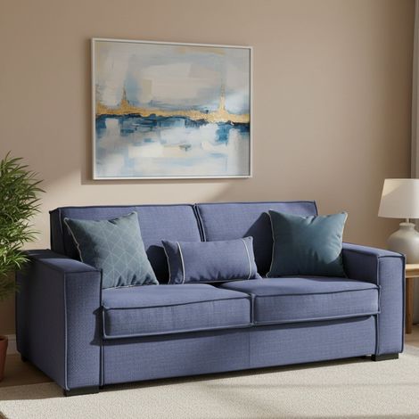 Dmora - Sofa cama Daabiz, Sofá de 3 plazas, 100% Made in Italy, Sofá de salón con apertura giratoria, en tela acolchada, con reposabrazos estándar, Cm 220x95h90, Azul (1/5)
