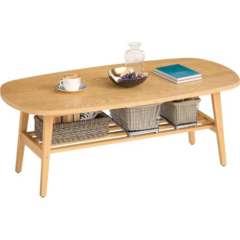 Table Basse Moderne 2 Niveaux Étagère Ouverte Pieds Bois Hévéa Salon Design Naturel (1/5)