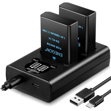 EN-EL14/EL14a Batterie de Rechange (2 pièces) et Chargeur Smart LED Dual USB pour Nikon EN-EL14/EN-EL14a, DSLR D5300, D5600, D5100, D5200, D3100, D3200, D3300, D3400, D3500, DF (1/5)