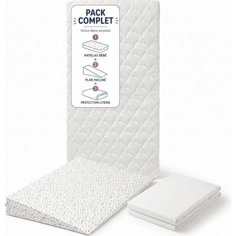 Pack Matelas Bébé 60x120 + Plan Incliné Étoiles Dorées + Protège-Matelas - Déhoussable et Sain
