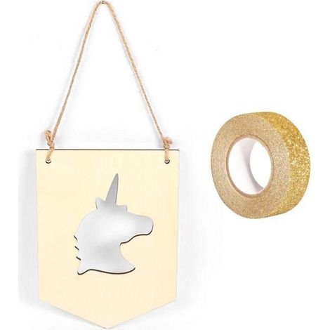 Fanion bois à suspendre 20 x 15 cm Licorne + masking tape doré à paillettes 5 m