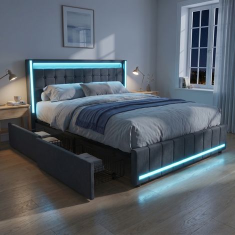 Lit adulte 160x200 cm avec 4 tiroirs, Lit double avec LED RGB et ports USB, Tissu en lin, Style moderne, Gris (1/5)