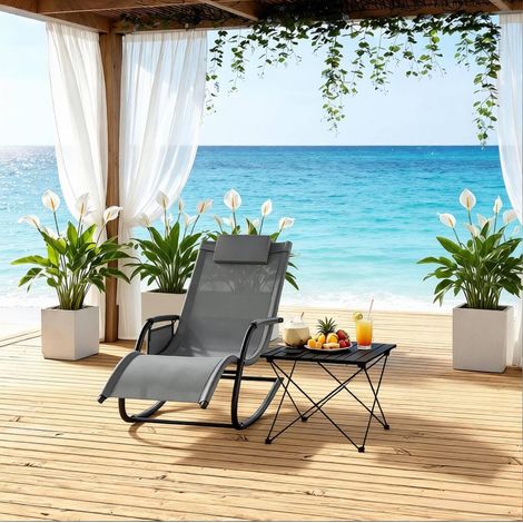 Chaise longue à bascule de jardin en métal gris, assise polyester avec appui-tête et poche latérale (1/3)