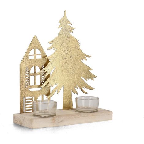 Bizzotto Portacandela di Natale Dwelling 2 Posti Dec. Casetta e Pino H 24 Cm Oro
