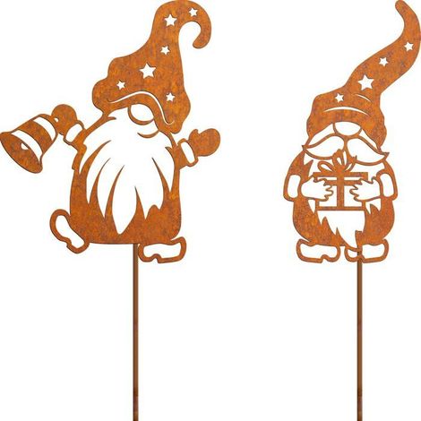 Gnomes en Métal Rouillé Décorations de Noël, Exterieur Pique de Jardin, Décoration Jardin, Patine Rouille Naturelle . (1/4)
