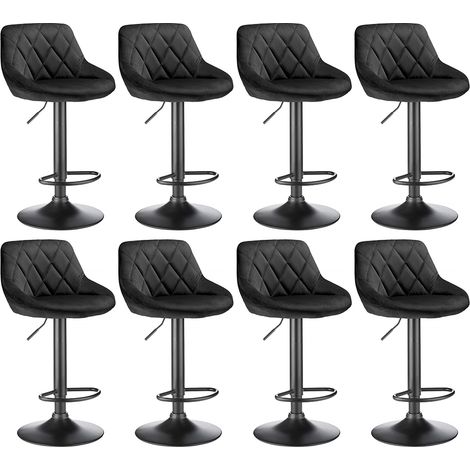 Juego de 8 Taburetes de bar, Taburetes Altos de Cocina de Tela de Terciopelo, con Respaldo Regulable en Altura, Reposapiés - Negro