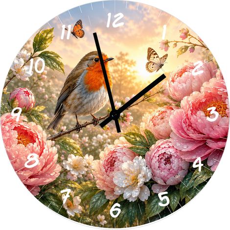 Horloge murale en verre rouge-gorge et pivoines 29 cm (1/2)