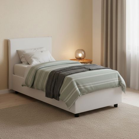Dmora - Cama individual Dantov, Cama contenedor con tapizado en ecopiel, 100% Made in Italy, Apertura frontal, con colchón Cm 80x190 incluido, Blanco (1/5)