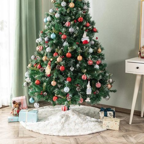 Tapis de sapin de Noël en fausse fourrure avec flocons de neige brodés en or (1/5)