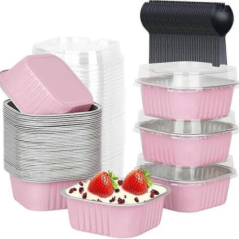 Lot de 50 mini moules à gâteaux carrés avec couvercles, caissettes de cuisson jetables en aluminium, ramequins pour cupcakes, parfaits pour les fêtes de desserts. (1/5)