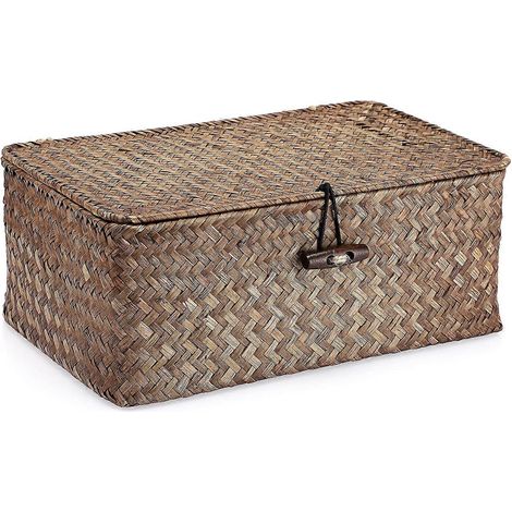 Panier de rangement en jonc de mer avec couvercle, panier de bureau rectangulaire en jonc de mer tressé, boîte de rangement pour salle de bain, étagères et bureaux, 26 x 16 x 10,5 cm (1/5)