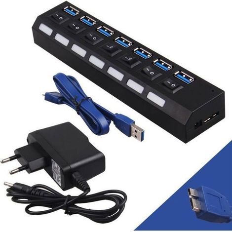 Hub USB 3.0 - Adaptateur 7 ports - Alimentation - Commutation automatique - Noir (1/4)