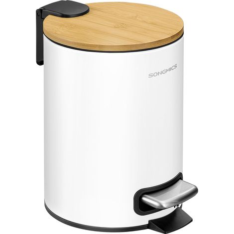 Petite Poubelle, avec Couvercle en Bambou, Pédales en Métal, Seau Amovible, Fermeture en Douceur, pour Salle de Bain, 3 L, Blanc Nuage LTB113WZ01 (1/5)