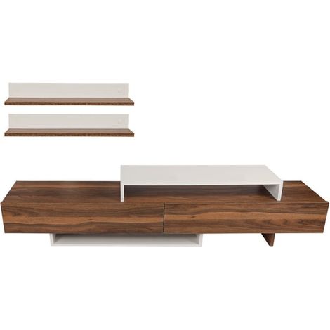 Nirvana Meuble TV 100 % MÉLAMINE Blanc, Teck (1/5)