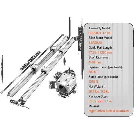 Rails de Guidage Linéaires, Haute Précision, Fonctionnement Silencieux, SBR20 1200MM (1/2)