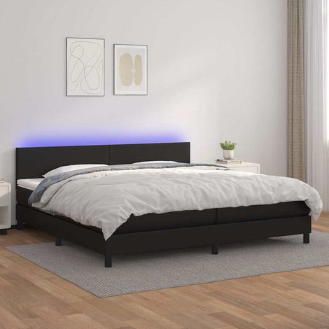 Cama box spring colchón y LED cuero sintético negro 200x200 cm (1/5)