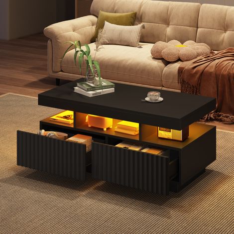 Tavolino da caffè rettangolare a LED con 2 cassetti, design a righe, stile moderno, tavolo da soggiorno/camera da letto, 100×50×45 cm, nero (1/5)