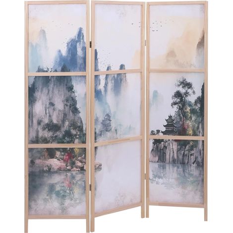 Paravento divisorio a tre pannelli con motivo montano in legno di pino e polietilene 170 × 137 cm 040008910