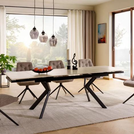 Table extensible de salle à manger 160 + 80cm céramique beige mat 4 pieds noir ALIDA (1/5)