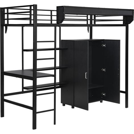 Letto a soppalco in metallo nero 90x200 cm con scrivania, armadio e scala a 5 gradini (1/5)