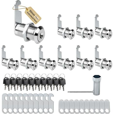 Lot de 10 serrures de boîte aux lettres, 30 mm, avec 2 plaques de serrure différentes et 20 clés individuelle, serrure à levier pour Cupboard, portes d'armoire (1/5)