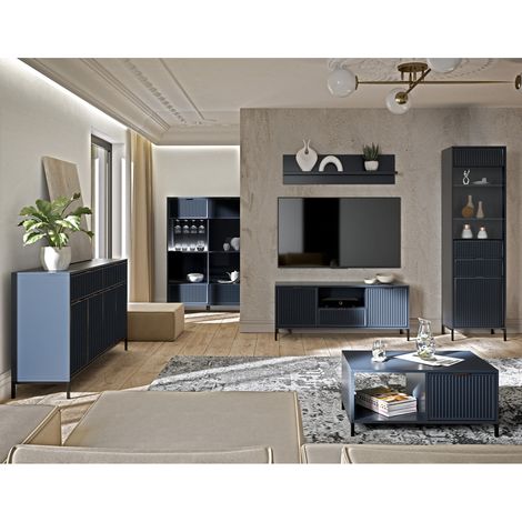 Wohnwand Indigo blau LAURO-161 modern mit Rillenoptik 6-teilig (1/5)