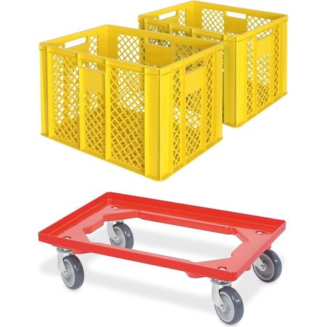 BRB Lot de 2 bacs euro/caisses de boulangerie, L x l x H 600 x 400 x 410 mm avec chariot de transport (jaune)