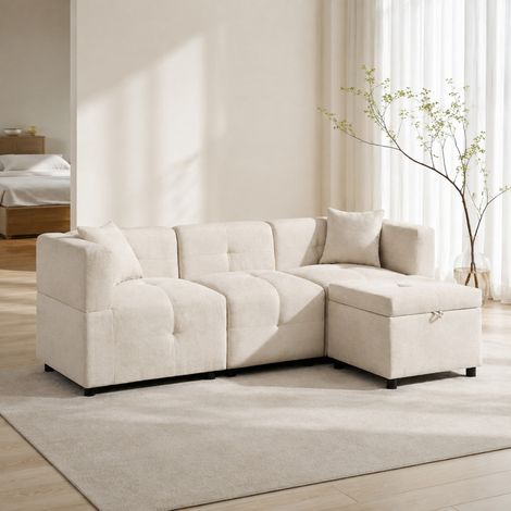 Divano angolare modulare 3 posti con pouf contenitore beige DESVIAE (1/5)