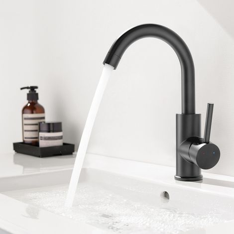 AURALUM MAX Grifo de Lavabo - Monomando de Baño con Caño Giratorio 360°, Cartucho de Cerámica, Ahorro de Agua (hasta 40%), para Todo Tipo de Lavabos, negro (1/5)