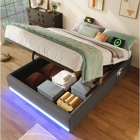 Cama individual con almacenaje hidráulico LED y USB gris OKMYHOME (1/5)