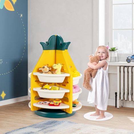 COSTWAY Kinder Spielzeugregal drehbar, mit 8 Kunststoff Aufbewahrungsboxen in Ananasform, 3 Ebenen Spielzeugaufbewahrung 74 x 74 x 106 cm (1/5)
