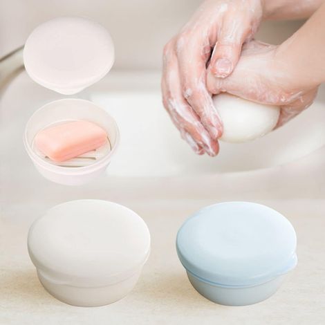 Portasapone in plastica blu e bianca con vassoio asciuga sapone portatile, ideale per i viaggi - Set di 2 portasapone (rotondi)