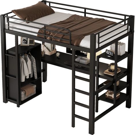Lit superposé en fer, adapté aux enfants et aux adolescents, avec table et armoire, nombreux rangements, avec échelle à 5 marches, fer + panneau de particules, noir, 90x200 cm (1/5)