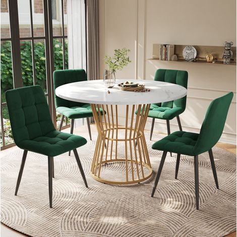 Ensemble table a manger ronde 100 cm avec 4 chaises velours vert et pieds metal (1/5)
