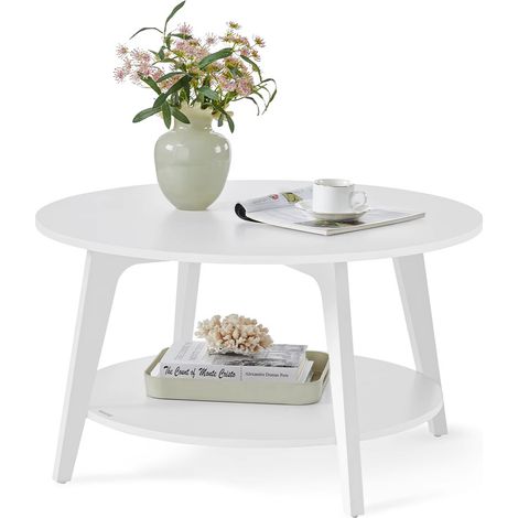 Couchtisch weiß Ø80 x 45 cm – Wohnzimmertisch 2 Ebenen, einfach zu montieren, moderner Beistelltisch in Schneeweiß