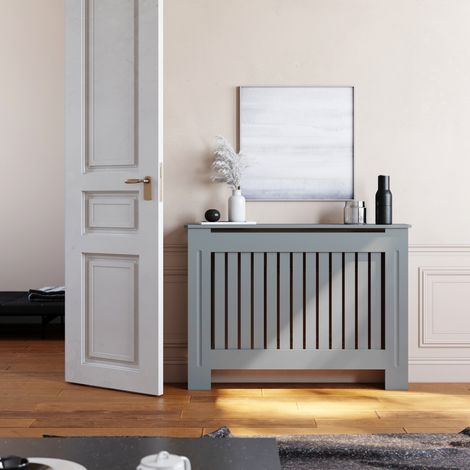 ELEGANT Grey MDF Radiator Covers Vertical Slat Paint Cabinet Medium for Office Hallway Living Room Bedroom (1/5)