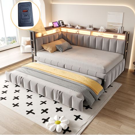 Lit gigogne 90x200 cm avec LED et rangement, tête de lit avec ports USB et Type-C, en velours, gris clair, sans matelas (1/5)