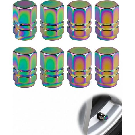 Bouchons de Valve Pneu Universel Lot de 8 Design Hexagonal Iridescent Métal Anti-Corrosion Étanchéité Protège Valves Contre Eau Poussière Voiture, Moto, Vélo (1/5)