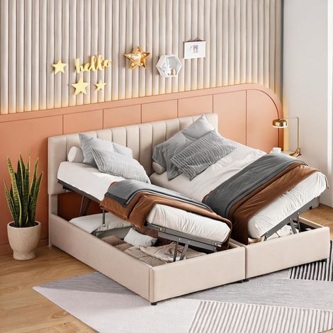 Cadre de lit beige en upholstered 203 x 180 x 105 cm (1/5)