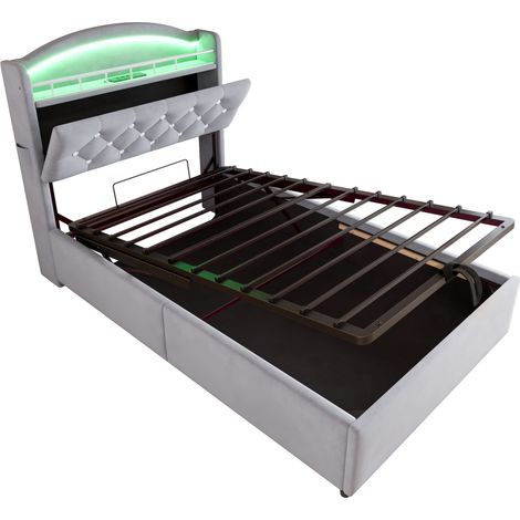 Gepolstertes Kinderbett 90x200 aus grauem Samt mit LED-Licht und Stauraum (1/5)