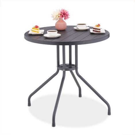 Relaxdays Garden Table, H x Ø: 75 x 80 cm, Wood-look Balcony Table, Plastic & Steel, Round Patio Table, Grey