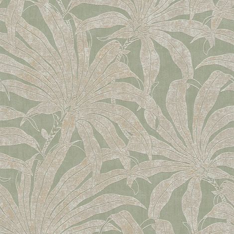 Papel pintado naturaleza Profhome 395012 papel pintado no tejido texturado con dibujo de jungla y acentos metálicos verde oro plata blanco 5,33 m2