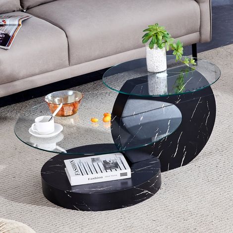 Table basse en verre trempé 89.9x69.9x43.2 cm étagères 2 niveaux avec stickers texturés noirs MDF Noir (1/5)